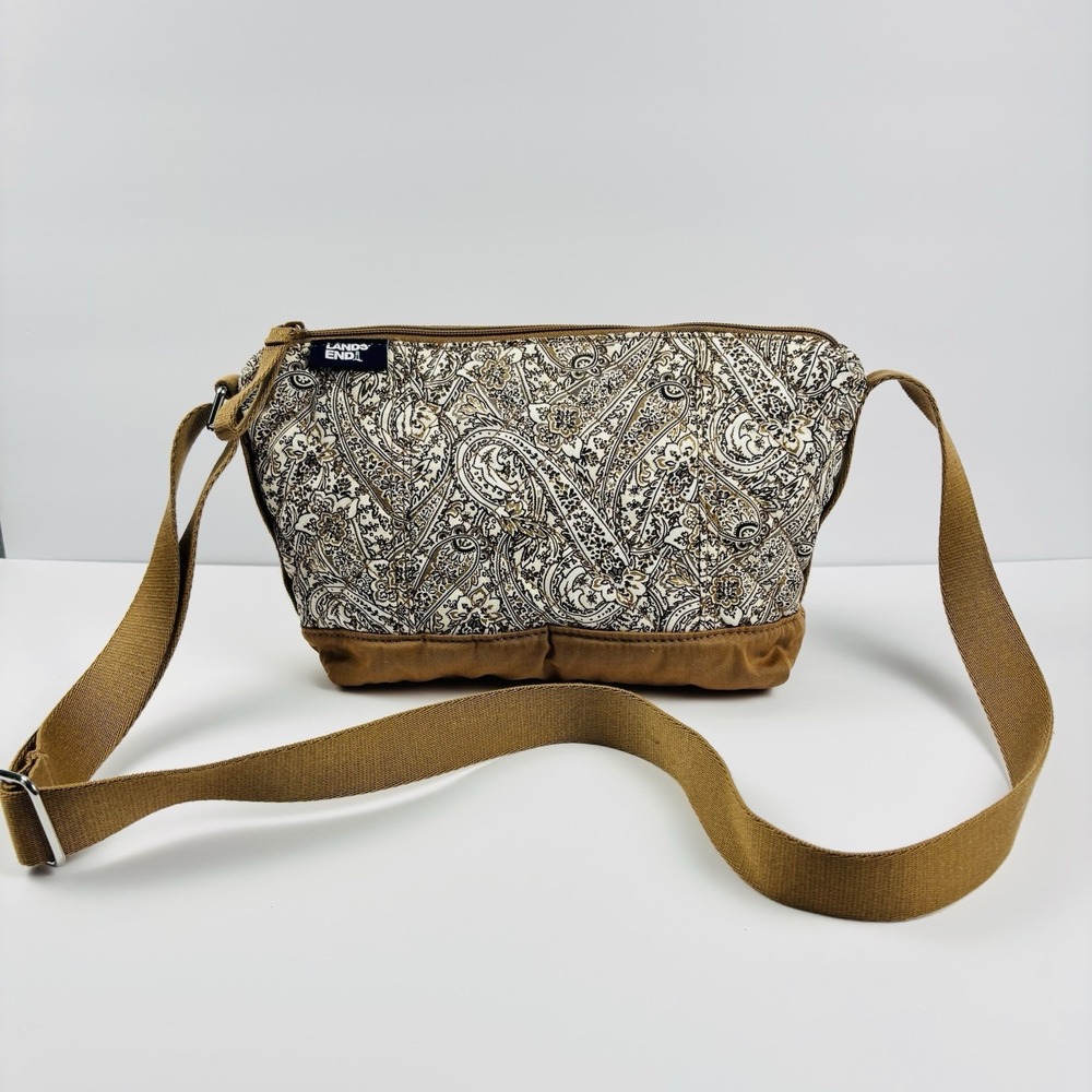 Lands' End Quilted Crossbody Bag Shoulder Quilted Purse Tan Paisley Print Boho